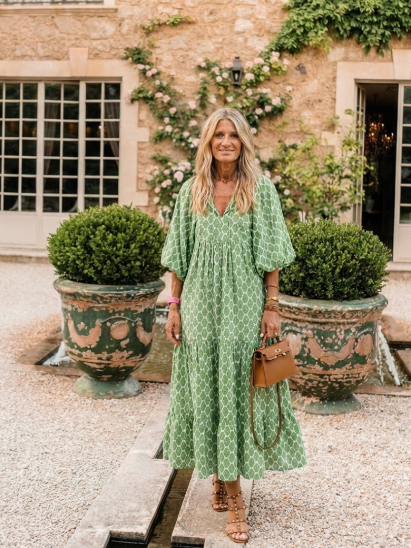 Apolline | Three-Quarter Sleeve V-Neck Printed Midi Dress