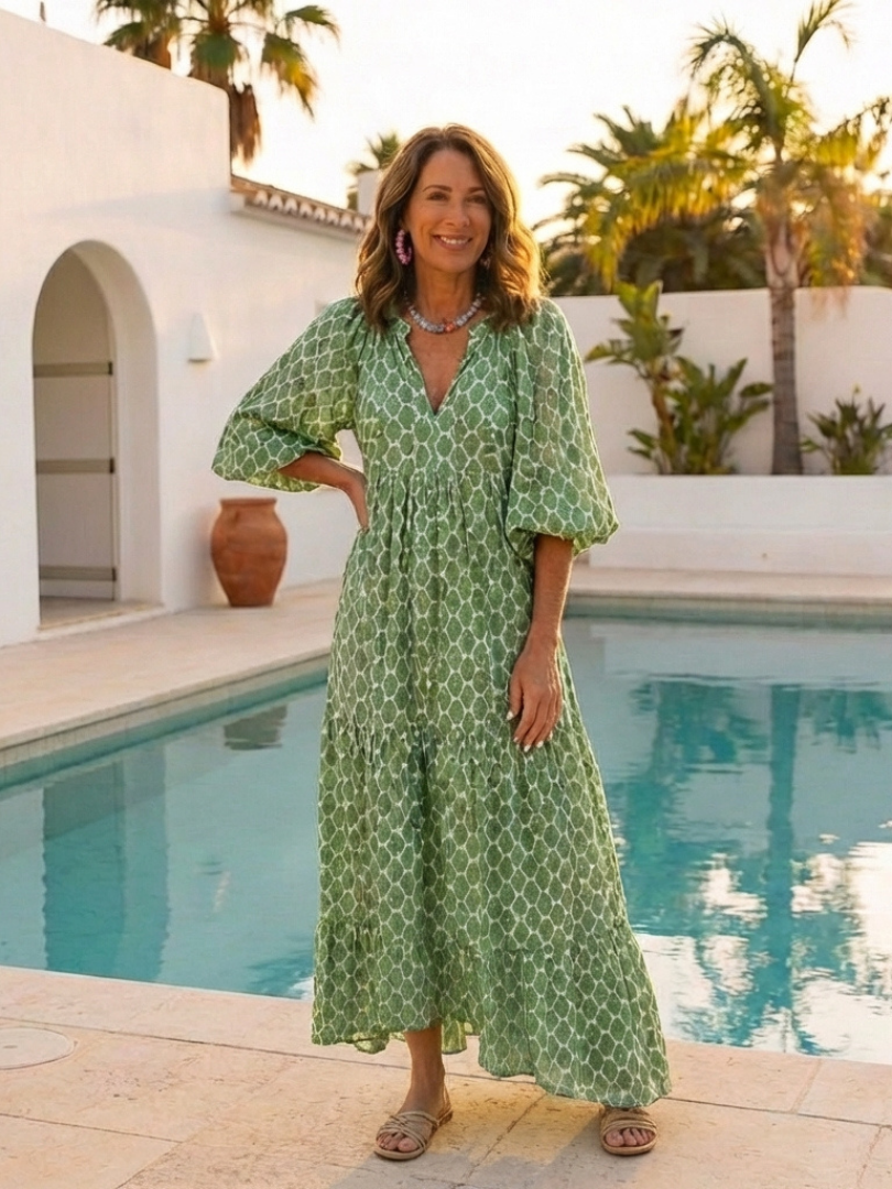 Apolline | Three-Quarter Sleeve V-Neck Printed Midi Dress