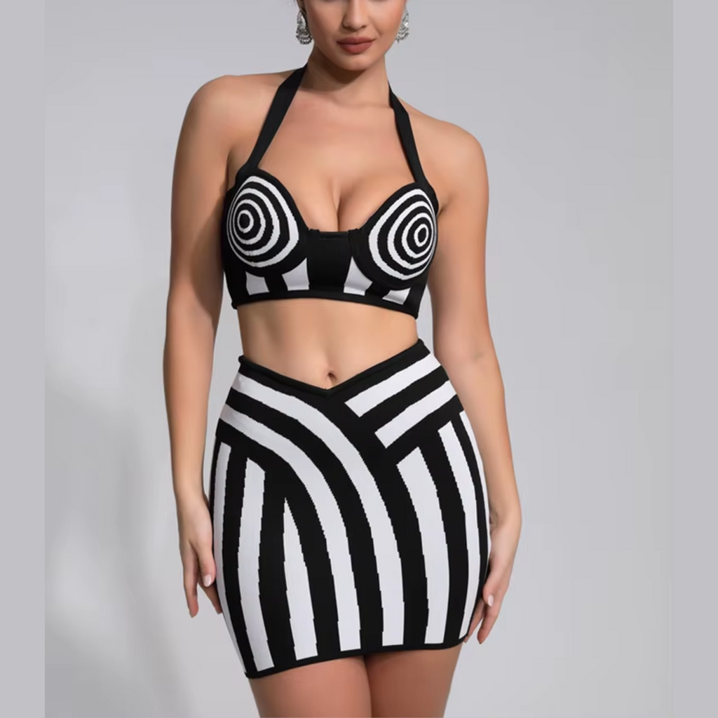 Alani - Halter Striped Bandage Skirt Two Piece Set