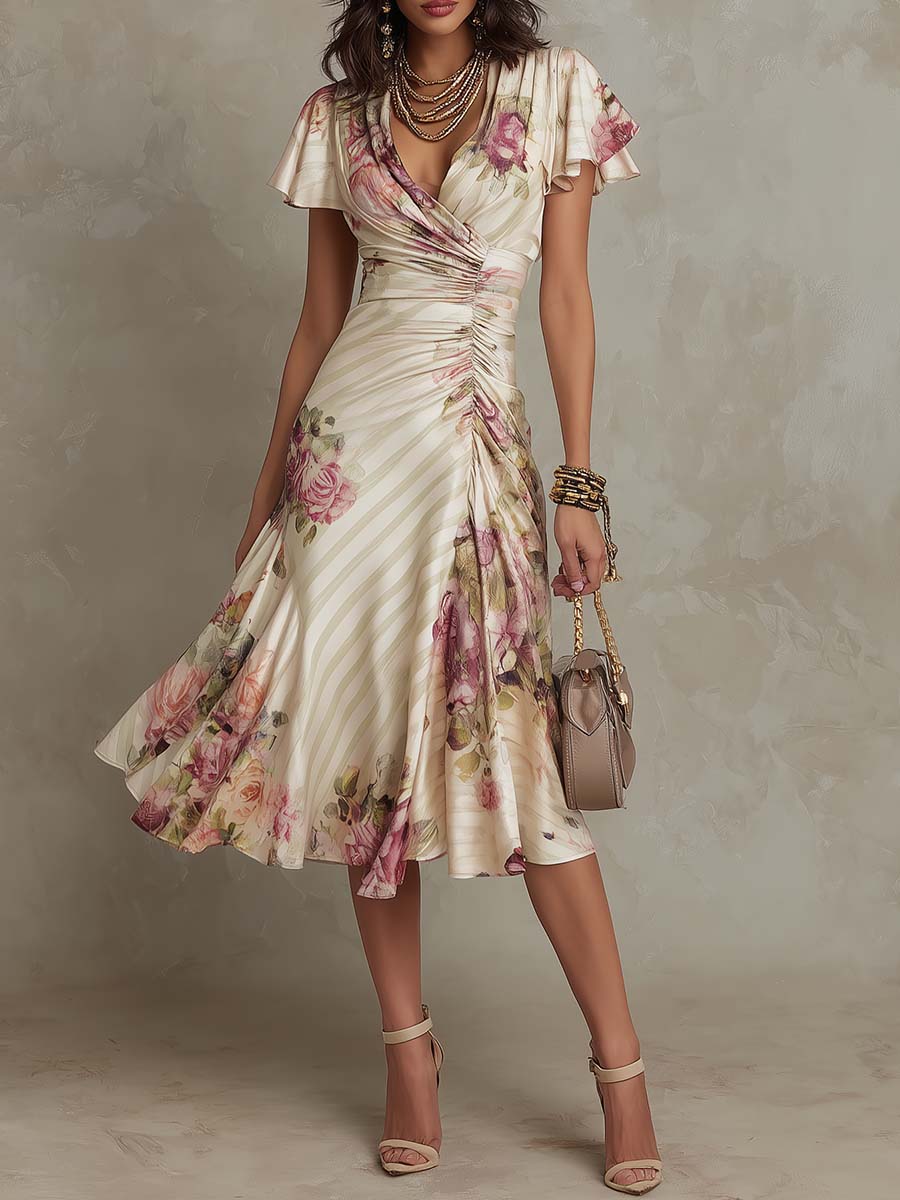 Alba | Elegant Midi Dress with Draped Floral Design