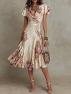 Alba | Elegant Midi Dress with Draped Floral Design