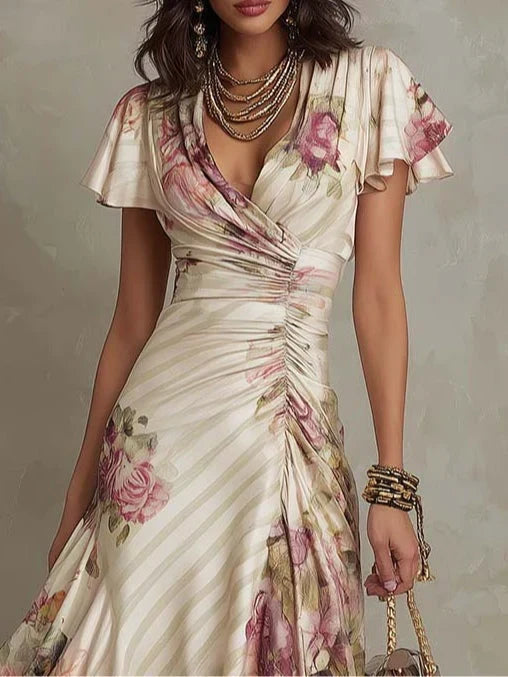 Alba | Elegant Midi Dress with Draped Floral Design