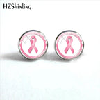 Glass Ribbon Dome Gem Women Earrings Laser Cut Remembrance Breast Cancer Awareness Earrings