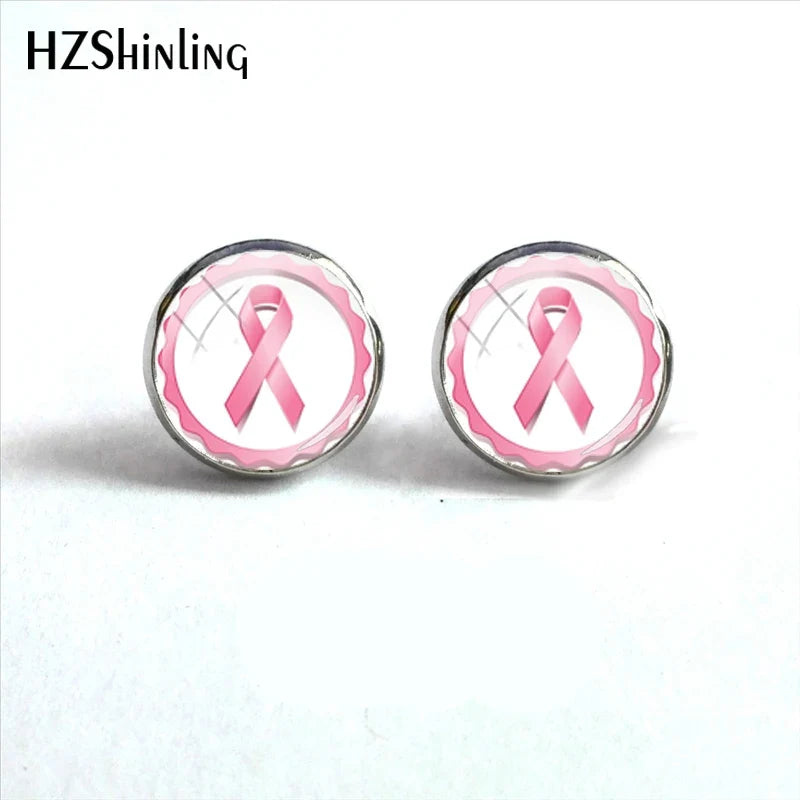 Glass Ribbon Dome Gem Women Earrings Laser Cut Remembrance Breast Cancer Awareness Earrings