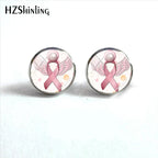 Glass Ribbon Dome Gem Women Earrings Laser Cut Remembrance Breast Cancer Awareness Earrings