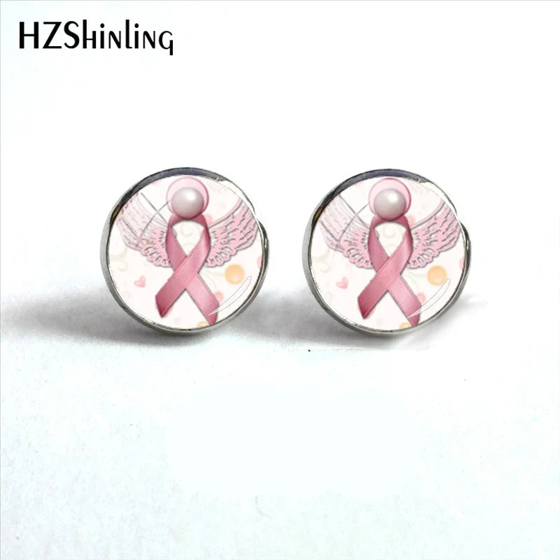 Glass Ribbon Dome Gem Women Earrings Laser Cut Remembrance Breast Cancer Awareness Earrings