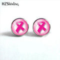 Glass Ribbon Dome Gem Women Earrings Laser Cut Remembrance Breast Cancer Awareness Earrings