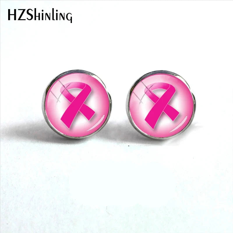 Glass Ribbon Dome Gem Women Earrings Laser Cut Remembrance Breast Cancer Awareness Earrings