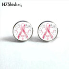 Glass Ribbon Dome Gem Women Earrings Laser Cut Remembrance Breast Cancer Awareness Earrings