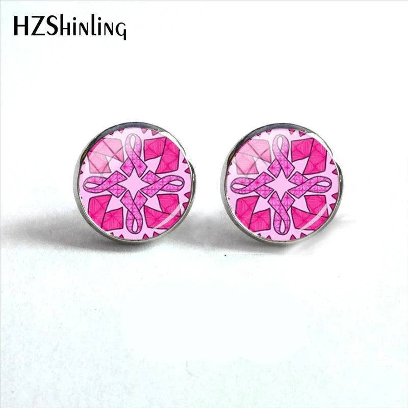 Glass Ribbon Dome Gem Women Earrings Laser Cut Remembrance Breast Cancer Awareness Earrings