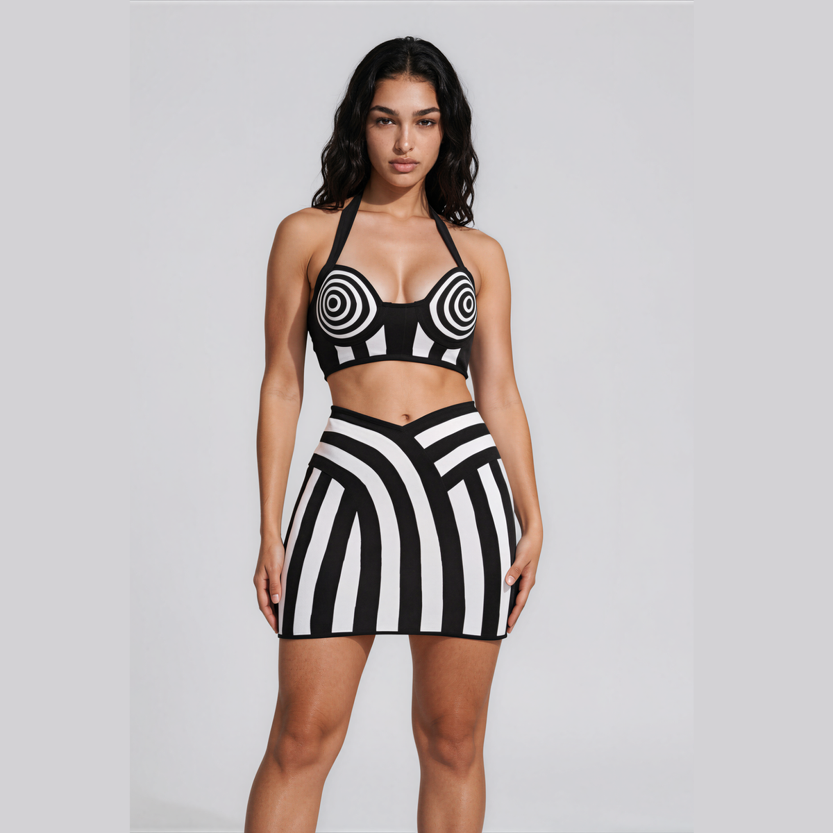 Alani - Halter Striped Bandage Skirt Two Piece Set