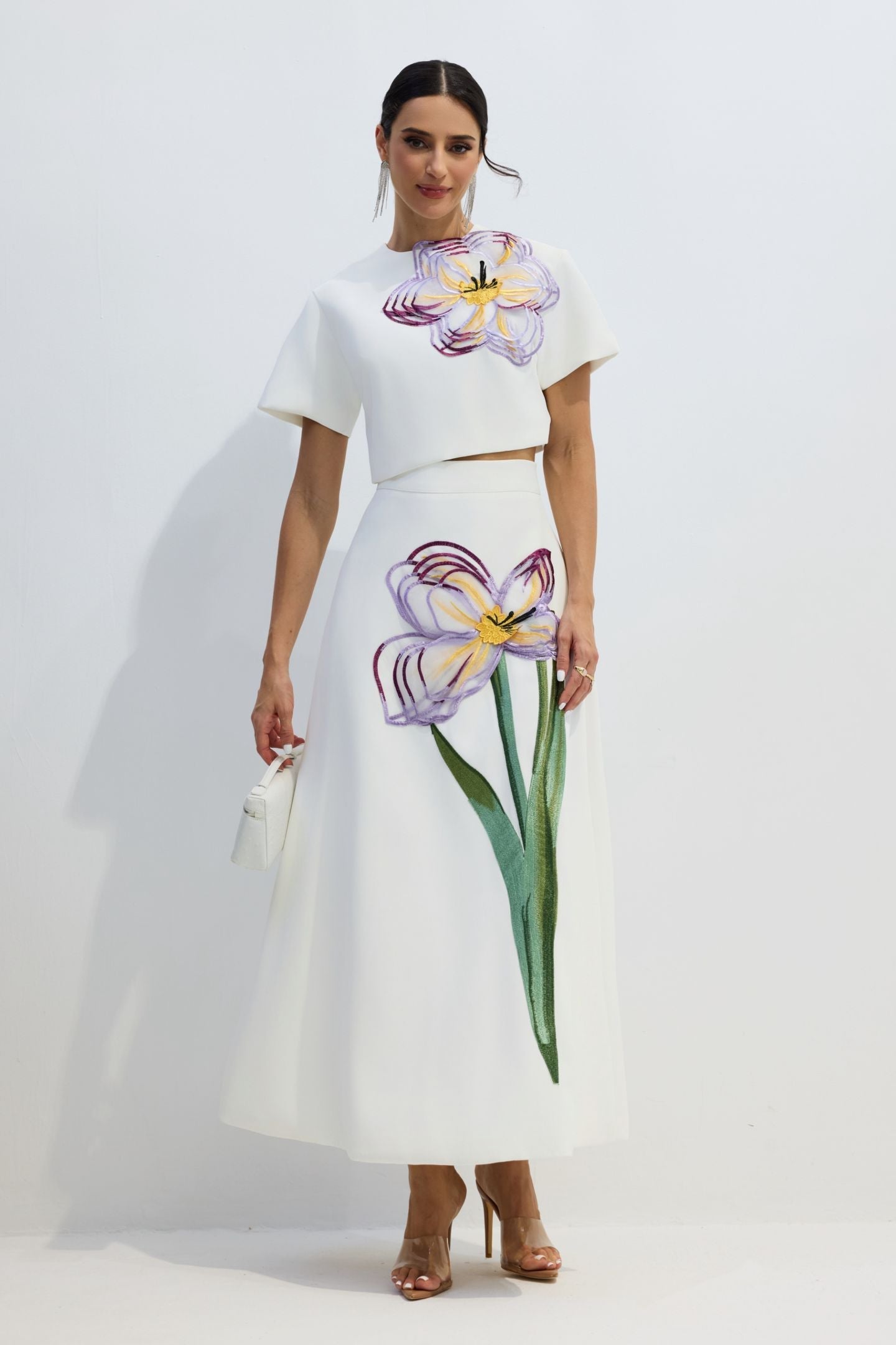 Elizaveta Floral Applique Short Sleeve Top & Skirt Set