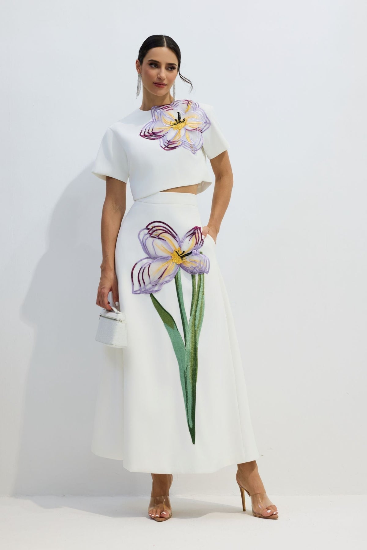 Elizaveta Floral Applique Short Sleeve Top & Skirt Set