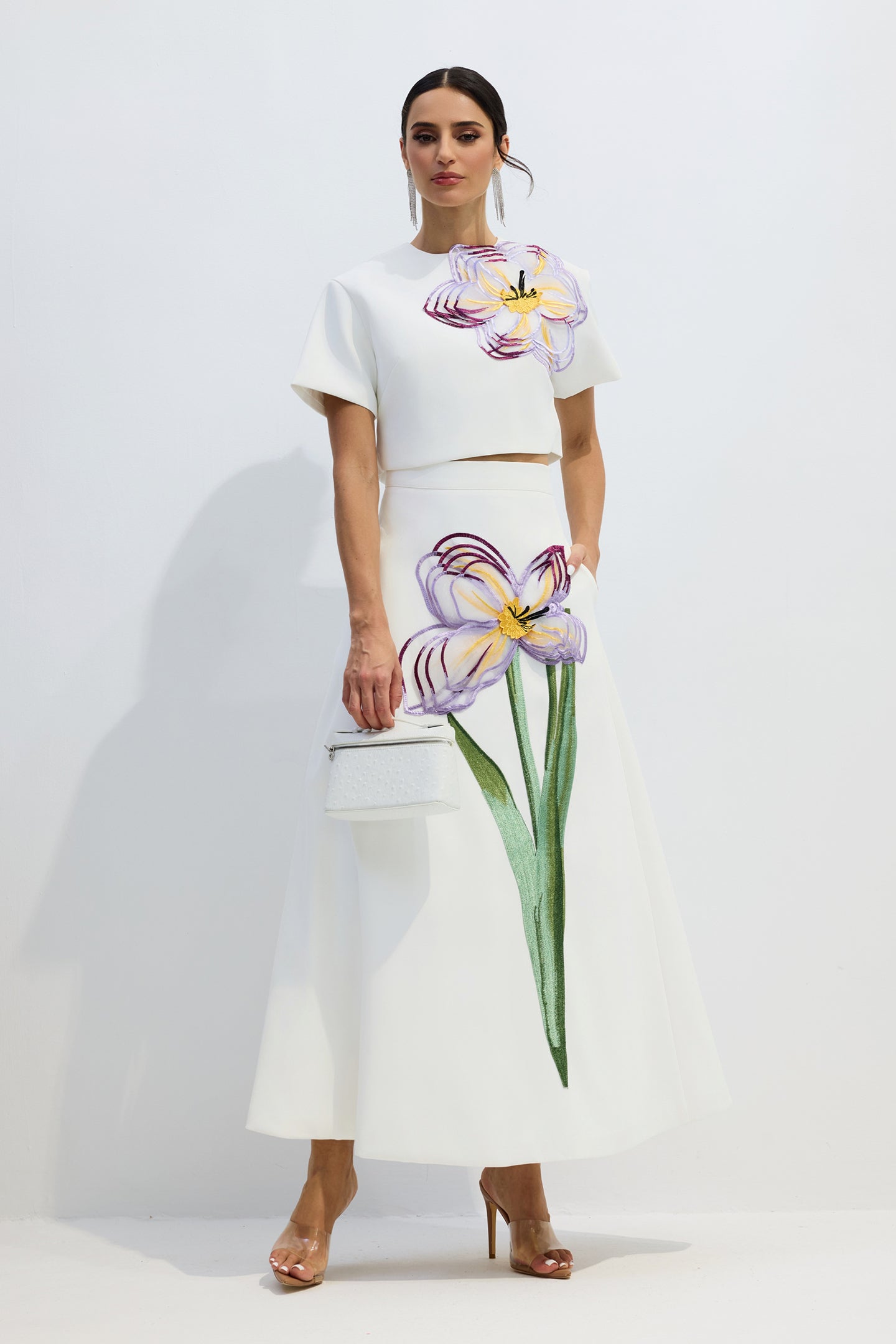 Elizaveta Floral Applique Short Sleeve Top & Skirt Set
