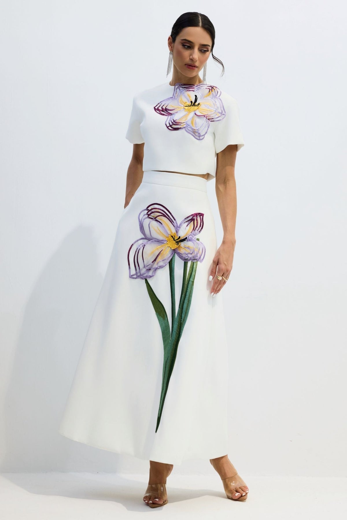 Elizaveta Floral Applique Short Sleeve Top & Skirt Set