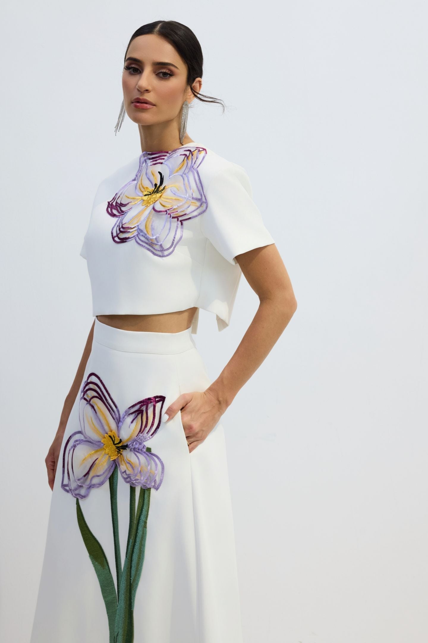 Elizaveta Floral Applique Short Sleeve Top & Skirt Set