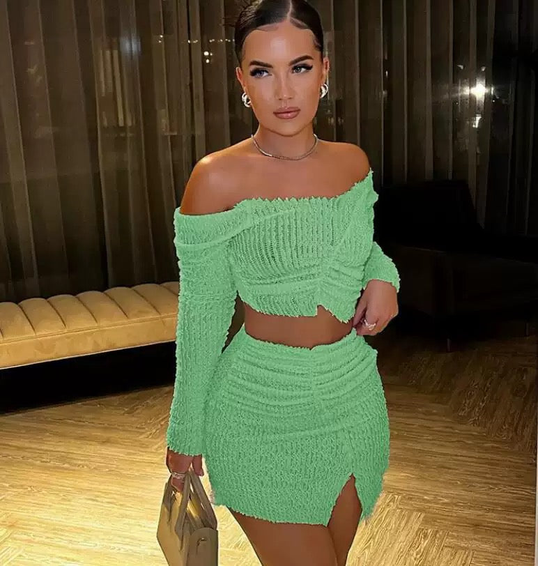 Off-shoulder Top&Skirt Solid 2Pcs