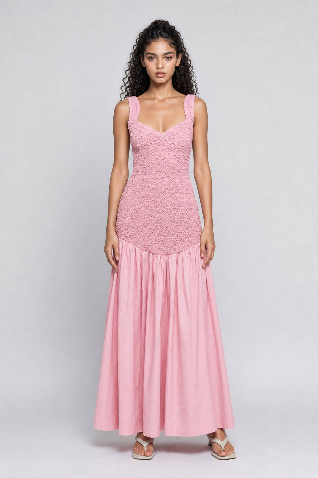 Pink Square Collar Bubble Texture Strap Tight Waist Swing Stitching Long Dress
