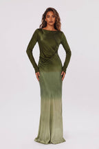 Gradient Olive Green Satin Boat Neck Long Sleeve Side Pleat Slit Slim-Fit Long Dress
