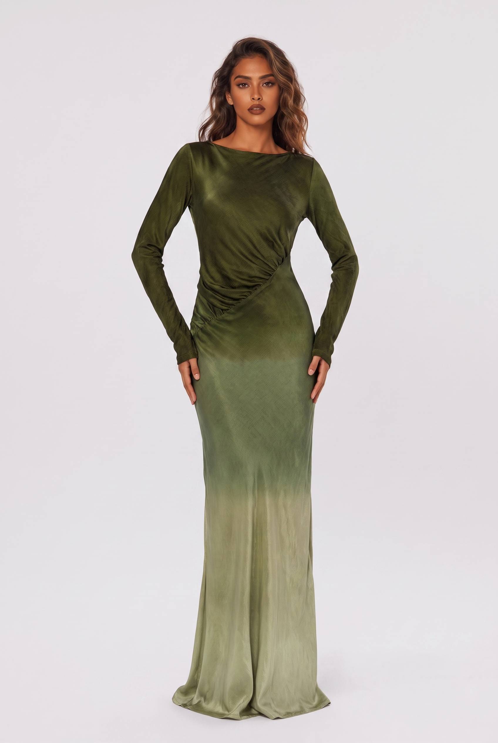 Gradient Olive Green Satin Boat Neck Long Sleeve Side Pleat Slit Slim-Fit Long Dress