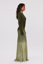 Gradient Olive Green Satin Boat Neck Long Sleeve Side Pleat Slit Slim-Fit Long Dress