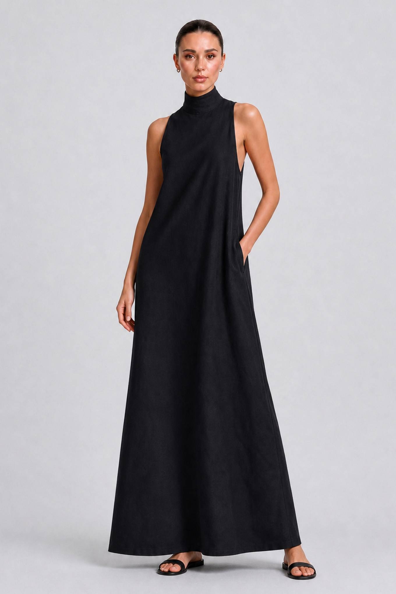 Linen-blend Turtleneck Long Dress Classic Minimalist Casual Dress