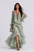 Perspective Chiffon Lace-Up Long-Sleeve Top Multi-Layer Ruffled Long Skirt Holiday Suit