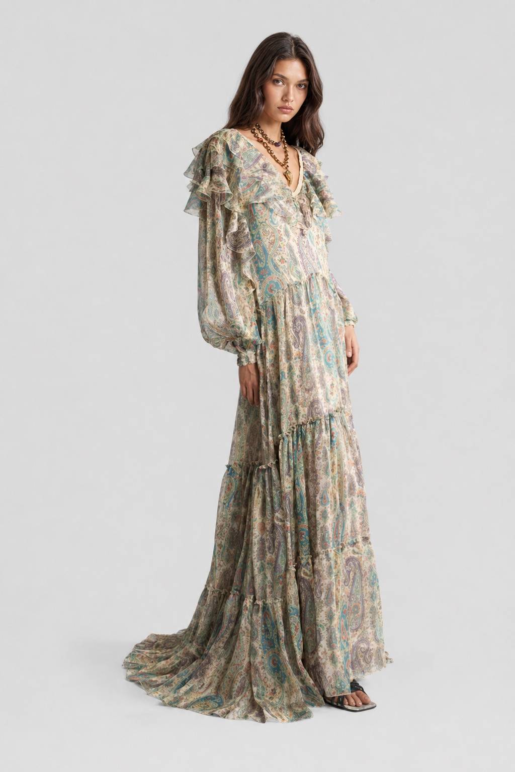 Light Color Cashew Flower V-Neck Ruffled Layered Long-Sleeved Long Dress