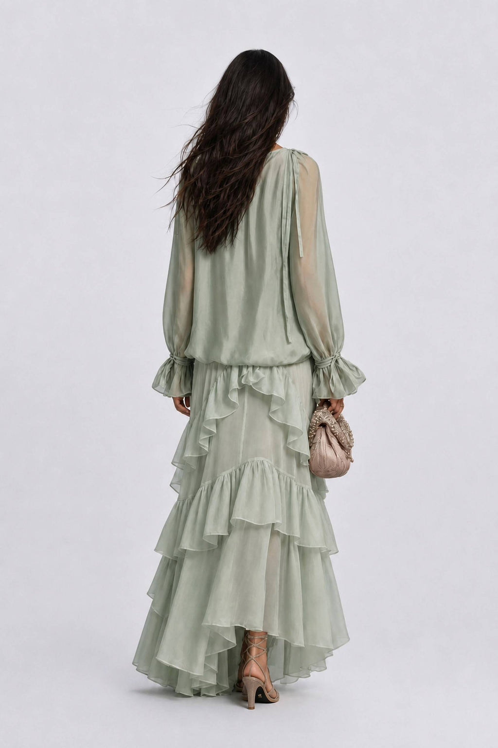 Perspective Chiffon Lace-Up Long-Sleeve Top Multi-Layer Ruffled Long Skirt Holiday Suit