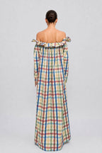 Colorful Plaid Wooden Ear Off-shoulder Long Sleeve Breasted Loose Long Shirt Dress