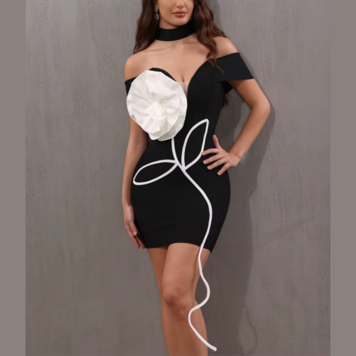 Imogen - Black Off Shoulder Flower Mini Bandage Dress