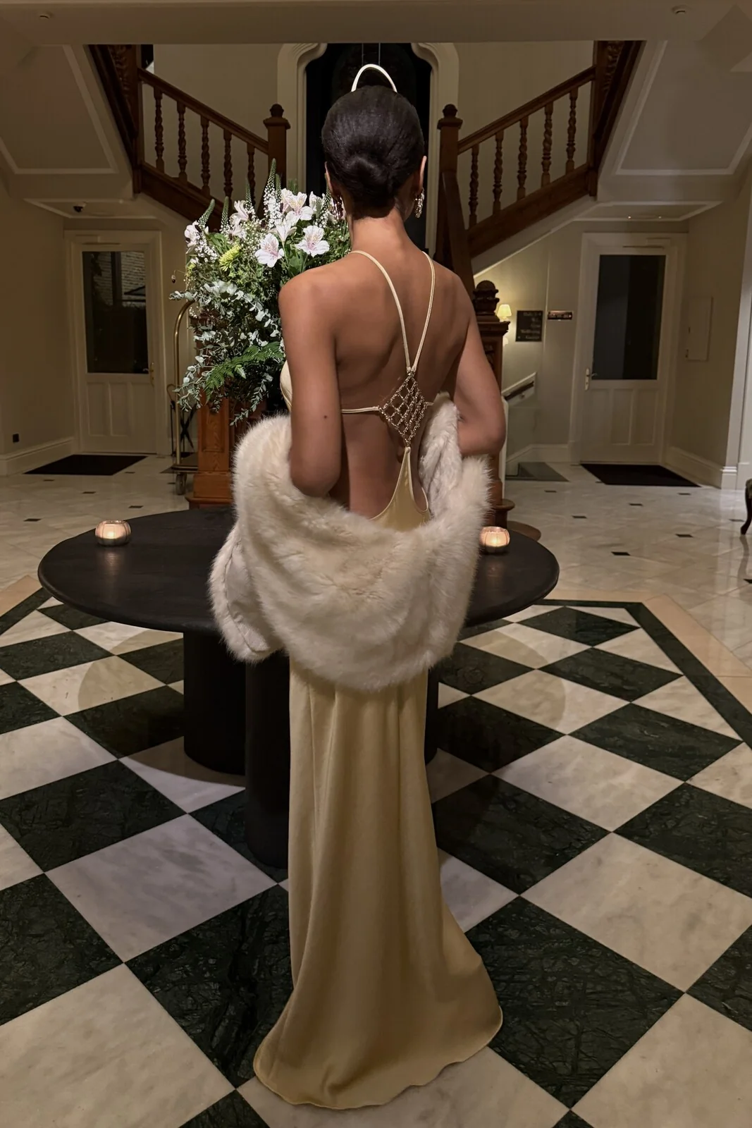 Champagne Gold Halter Neck Maxi Dress With Geometric Chain Back - Luxe Satin Evening Gown