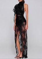 Mylen Asymmetrical Mesh Lace Maxi Dress In Black