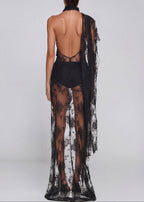 Mylen Asymmetrical Mesh Lace Maxi Dress In Black