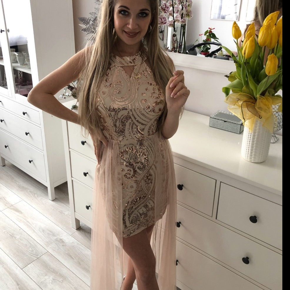 Off-the-shoulder Sequined Mesh Dress