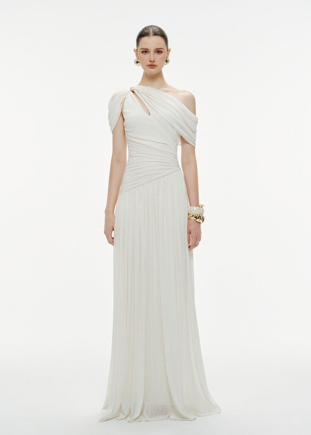Osenia Pleated Draped Shoulder Maxi Dress