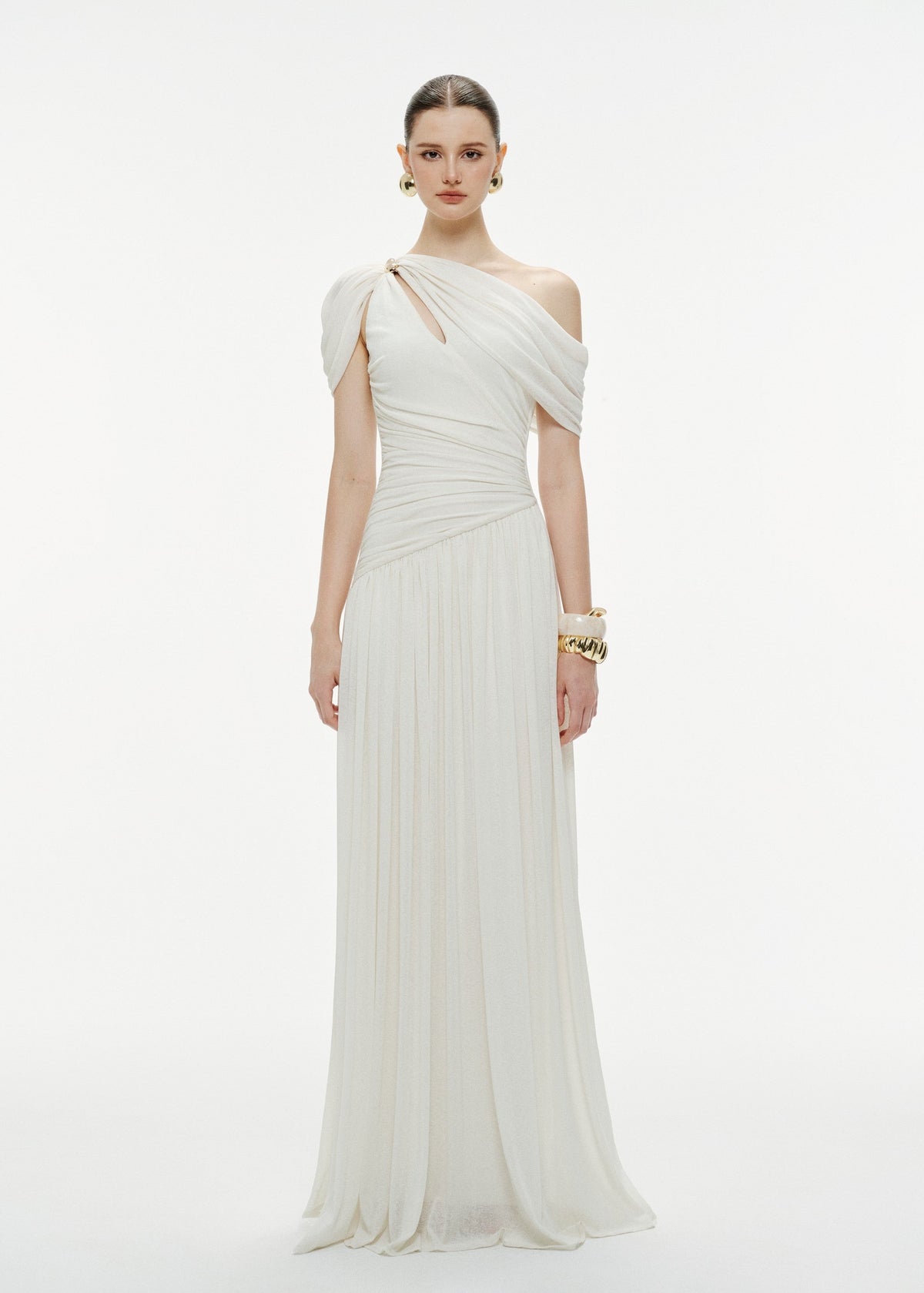 Osenia Pleated Draped Shoulder Maxi Dress