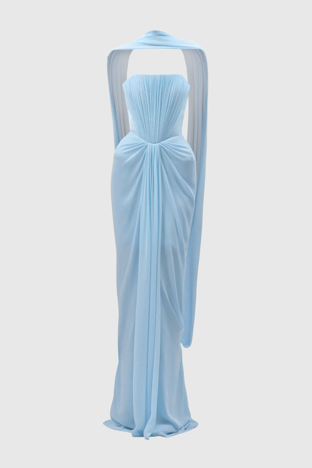 Eudocia Scarf Strapless Ruched Maxi Dress In Blue