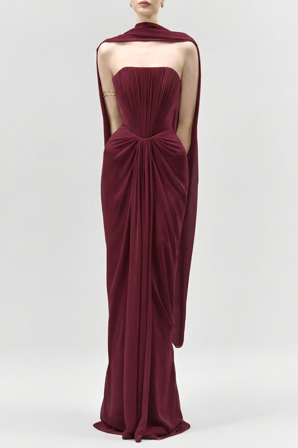 Eudocia Scarf Strapless Ruched Maxi Dress In Wine