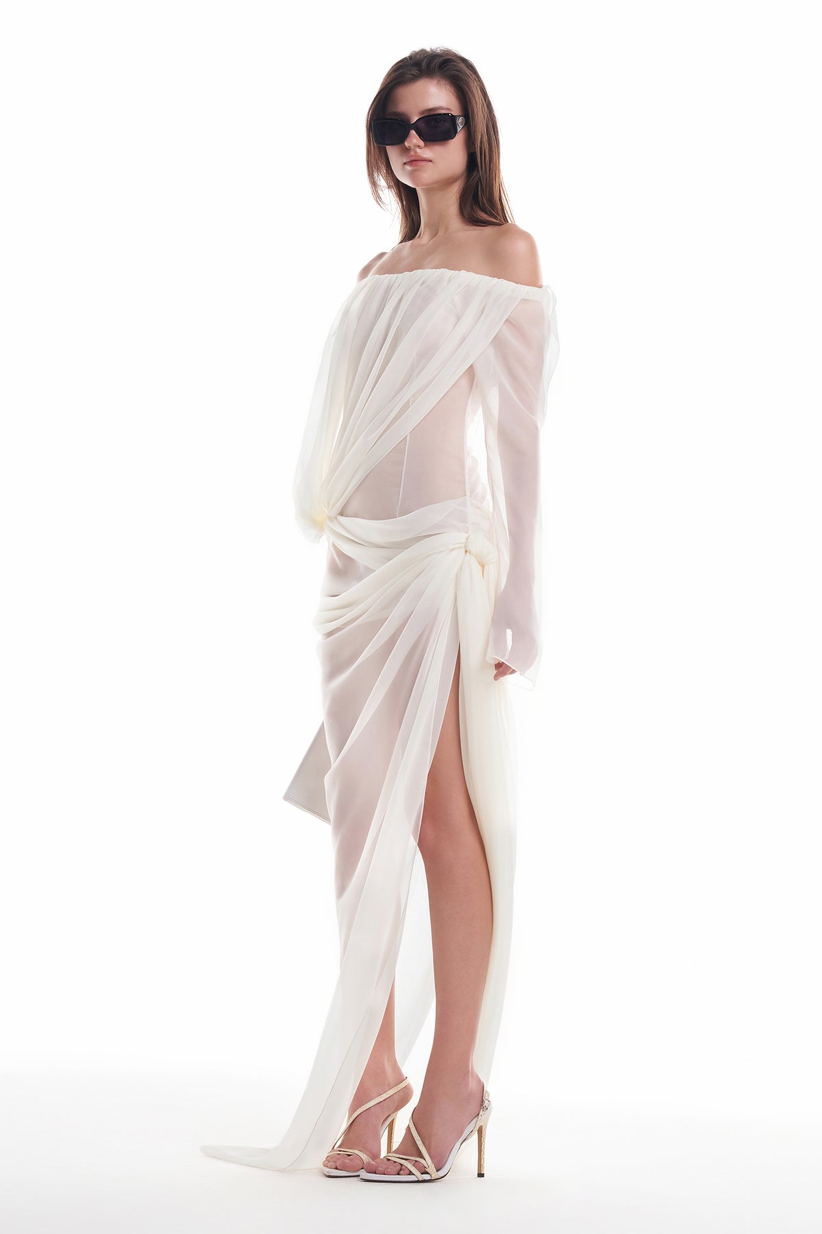 Mesh Off-Shoulder Slit Maxi Dress