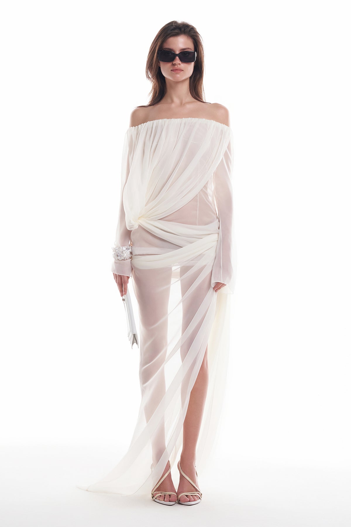 Mesh Off-Shoulder Slit Maxi Dress