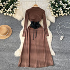 Niche Knitted Dress with PU Waistband