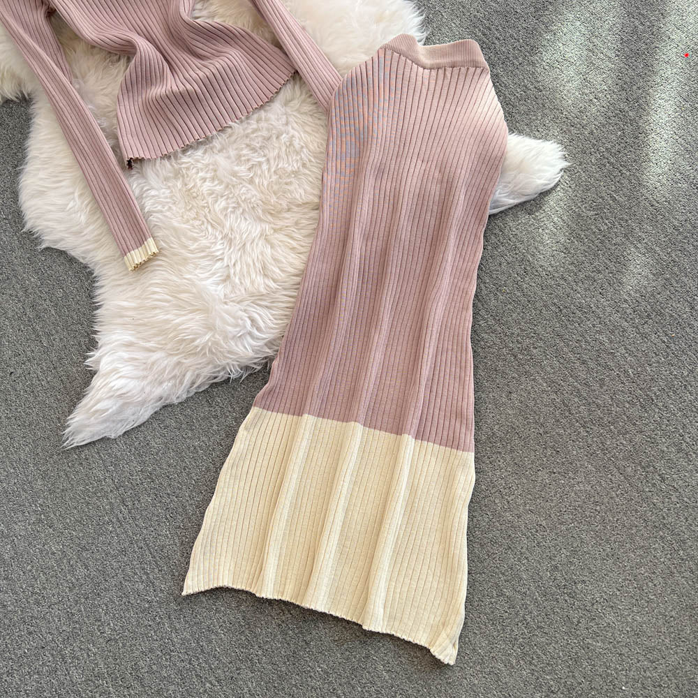 Sweater&Skirt Color-blocking Knitted 2Pcs
