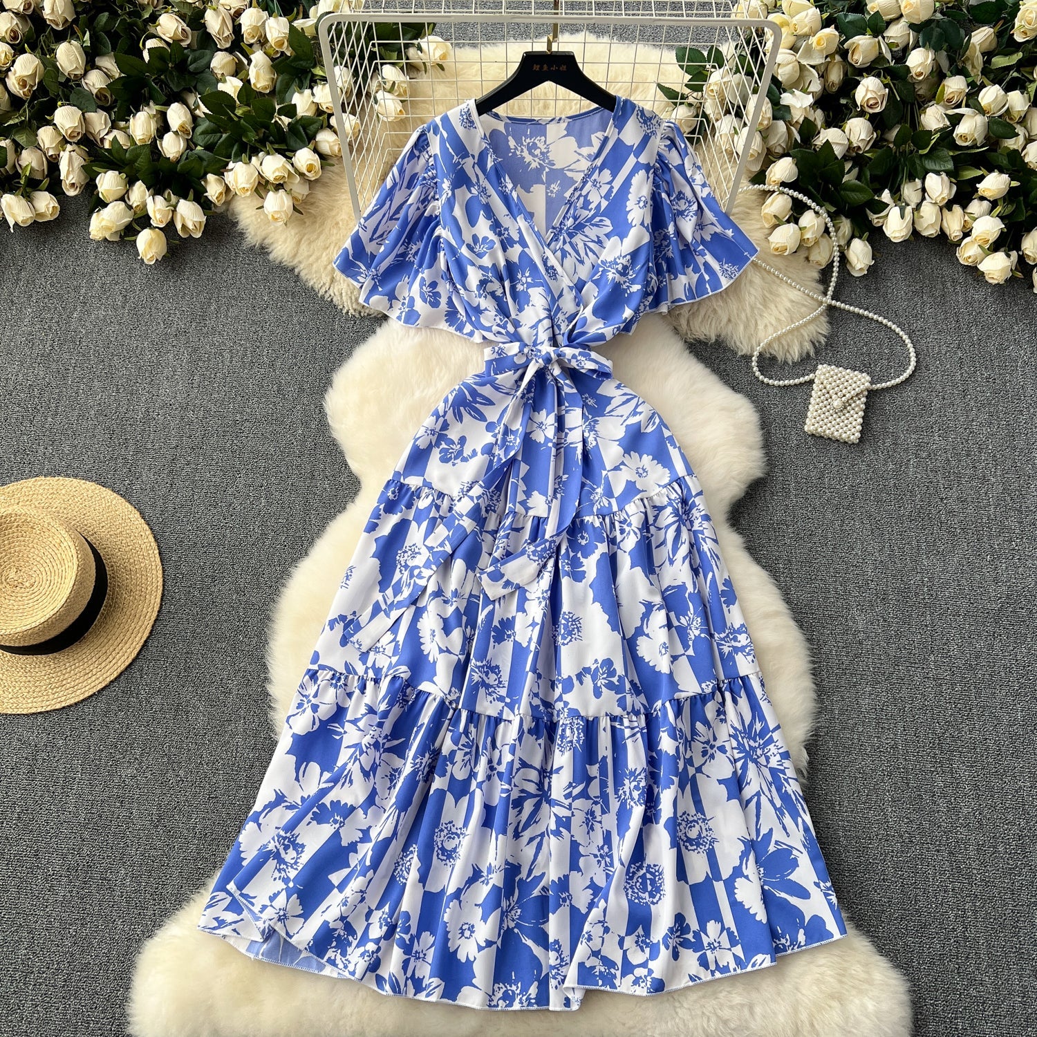 Vintage Ruffled Floral Chiffon Dress