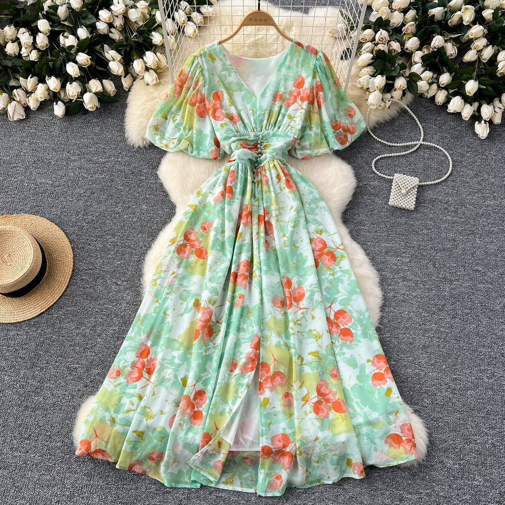 Vintage V-neck Draped Floral Dress