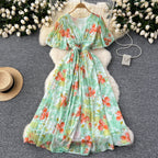 Vintage V-neck Draped Floral Dress