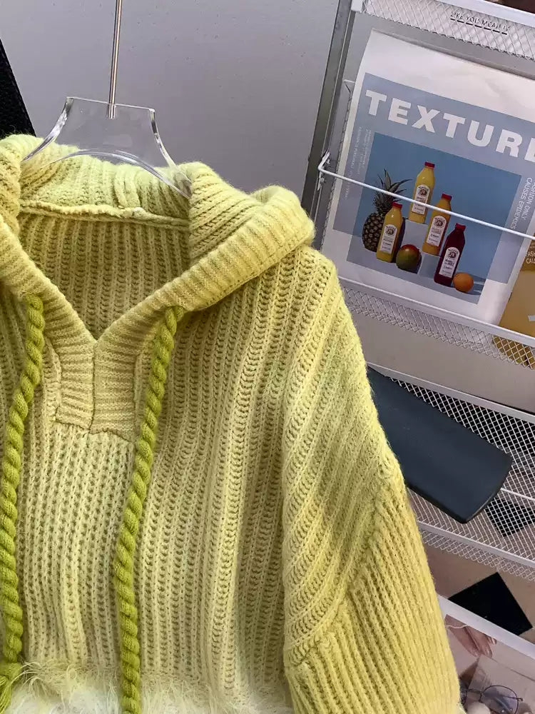 Furry Color Blocking Hooded Sweater