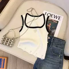 U-neck Ripped Striped Knitted Vest