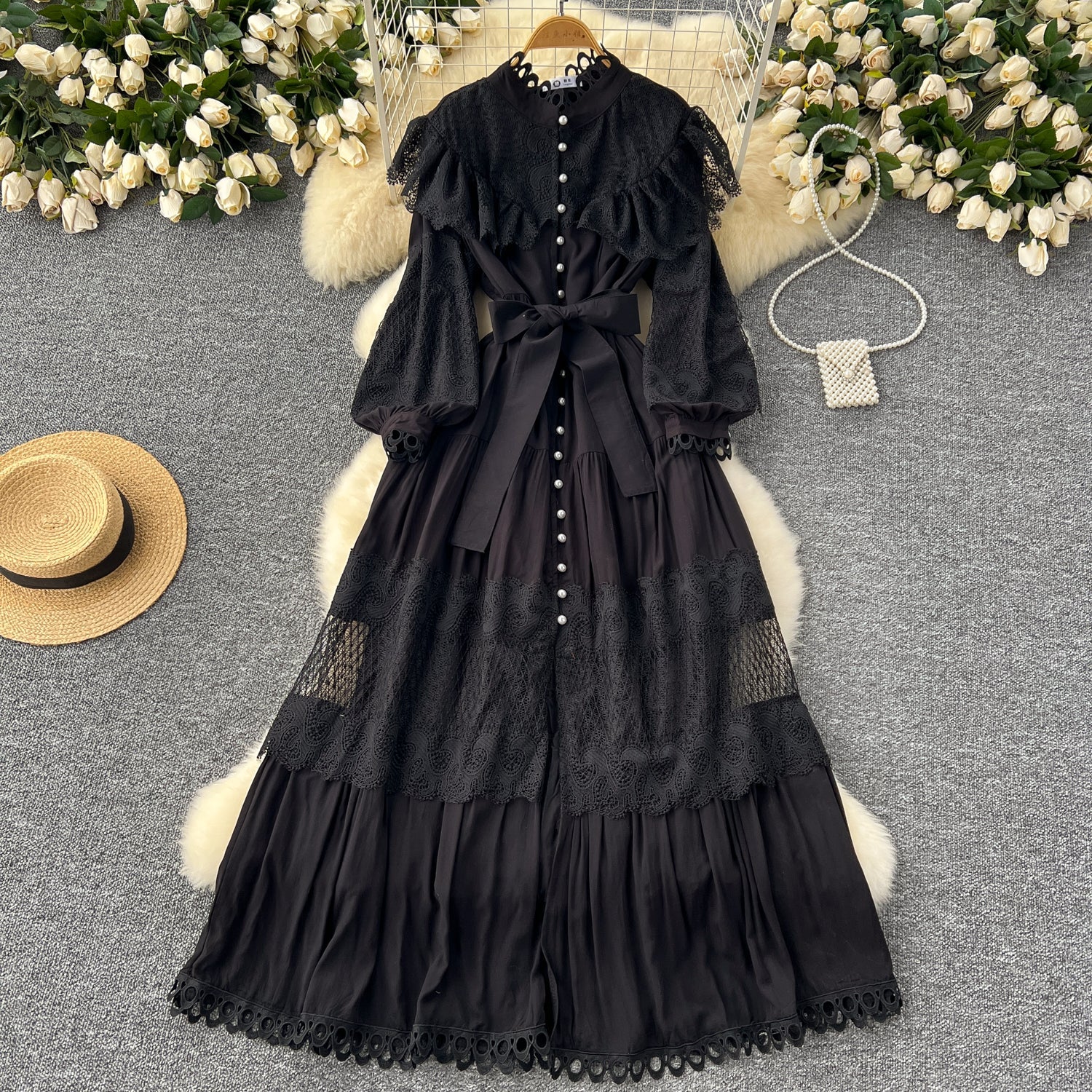 Vintage Lace Patchwork Single-breasted Dress