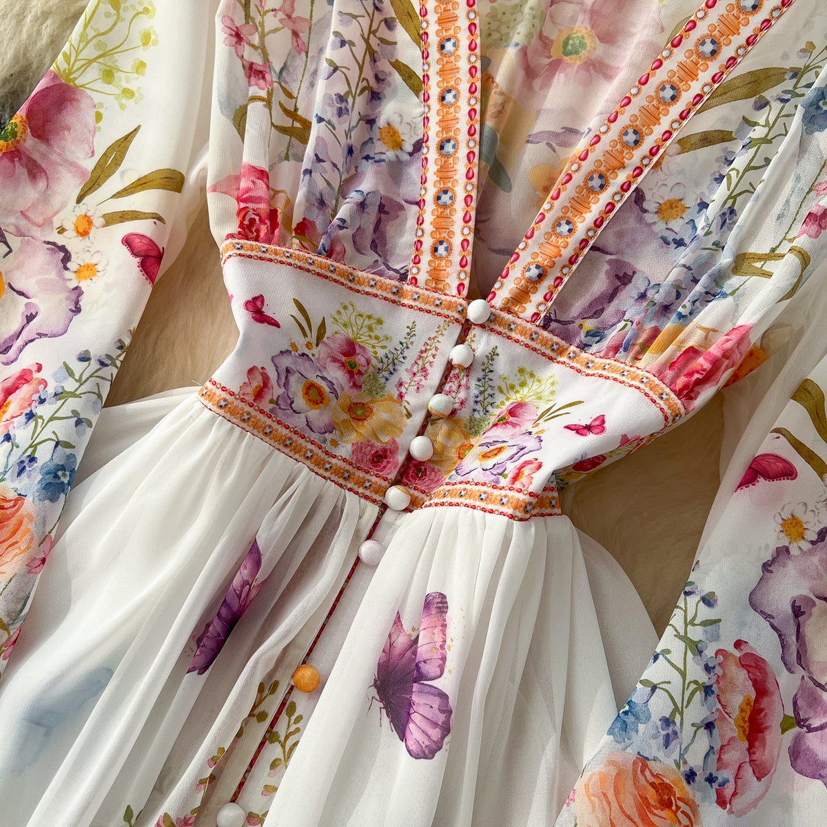 Courtly Deep V-neck Floral Shirt Dress